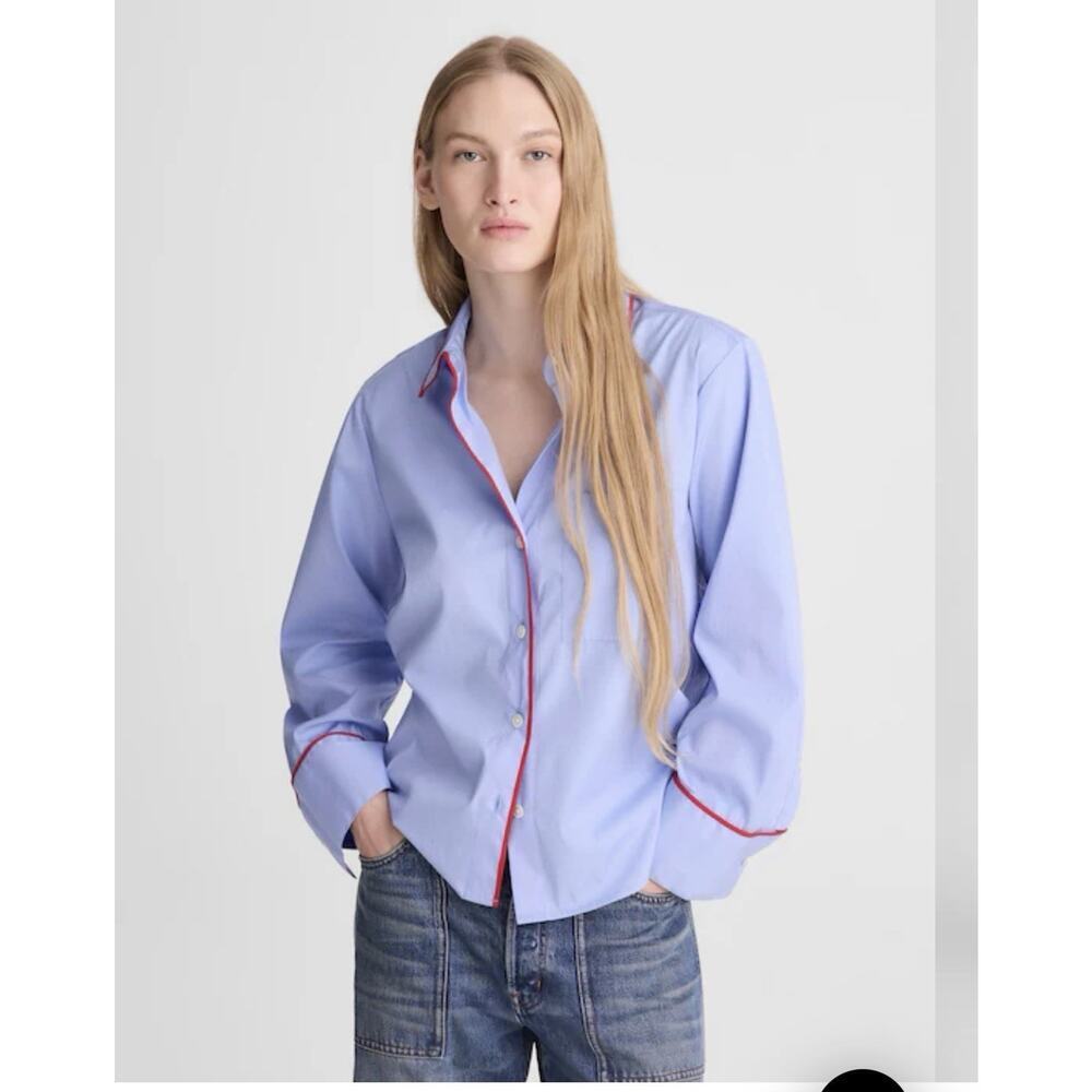 Madewell Signature Y-Neck Shirt in Poplin 100% Cotton Womens Size Small Blue #99 - Picture 3 of 8